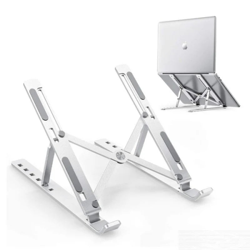 Aluminium Laptop Stand Silver & Black With Detachable Single & Dual Fan Stand For Laptop - 7 Gear To Adjust Height & Anti Slip Rubber Grip - Full Metal Body Adjustable Portable And Foldable Laptop Stand